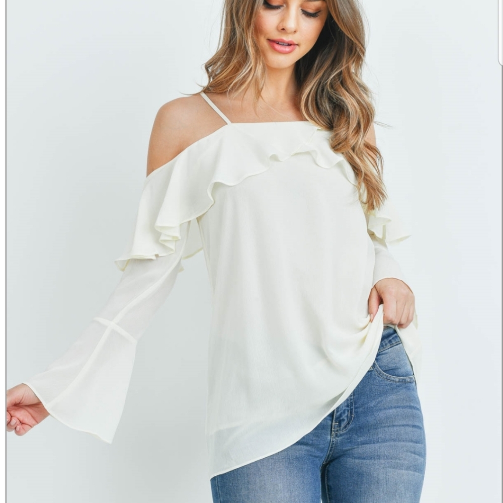 Cream Ruffled Cold-Shoulder Top - Picture 3 of 6